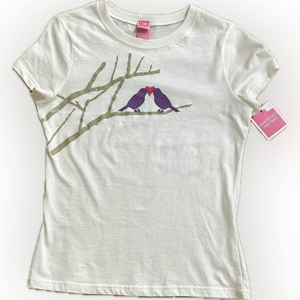 VTG Y2K 2007 WHITE LOVE BIRDS VALENTINE T-SHIRT COTTON CAP SLEEVE CREW NECK SZ S